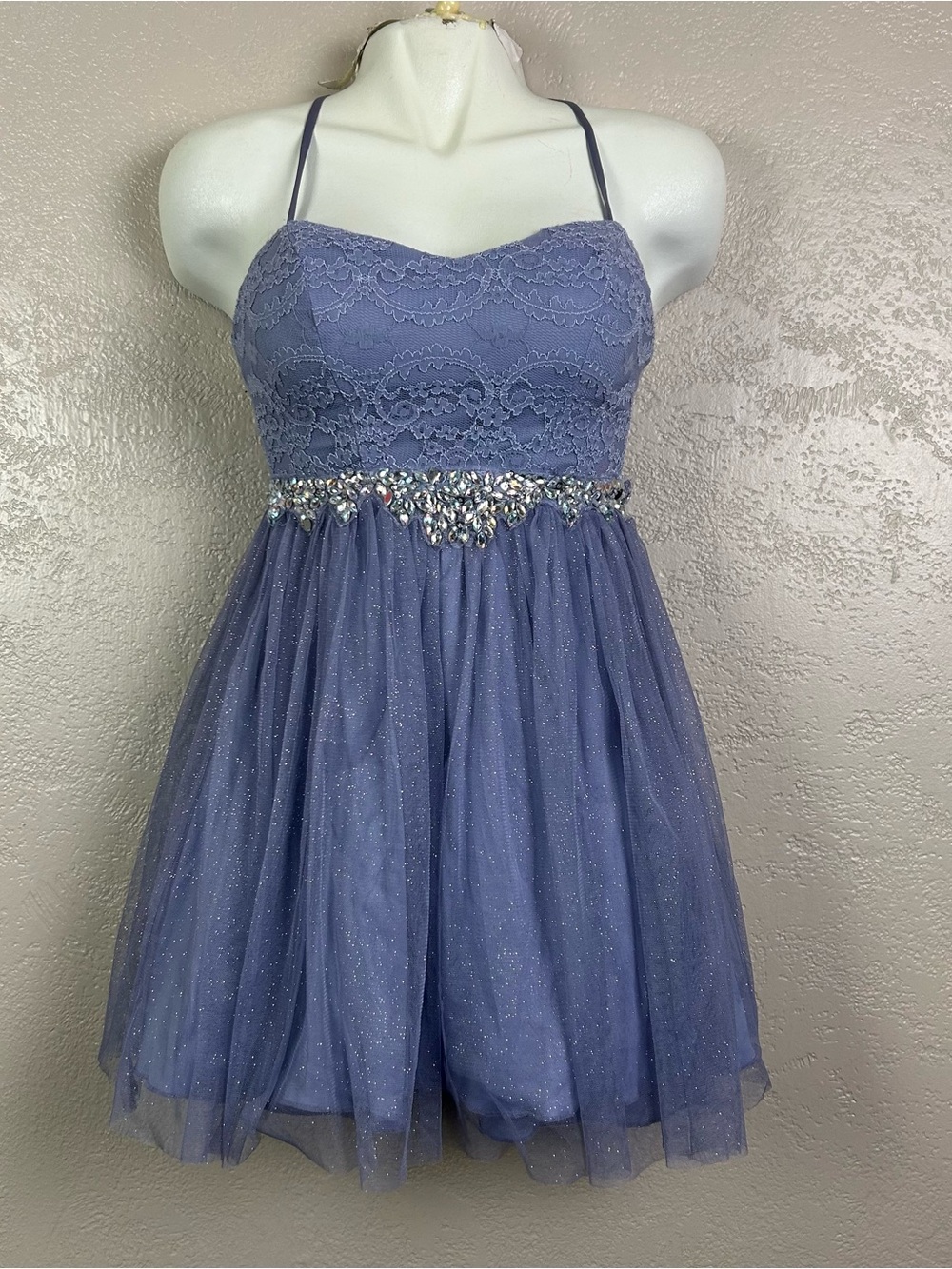 B Darlin Dusty Blue Lace Bodice Tulle Prom Dress with Jeweled Waist